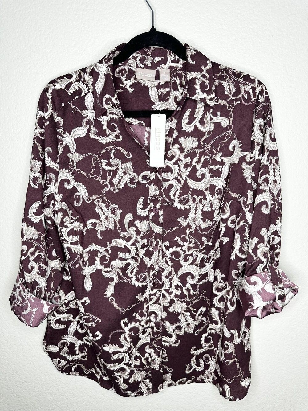 Chico's Blouse Womens Medium Burgundy Baroque Scroll Chain Print Roll Tab Sleeve